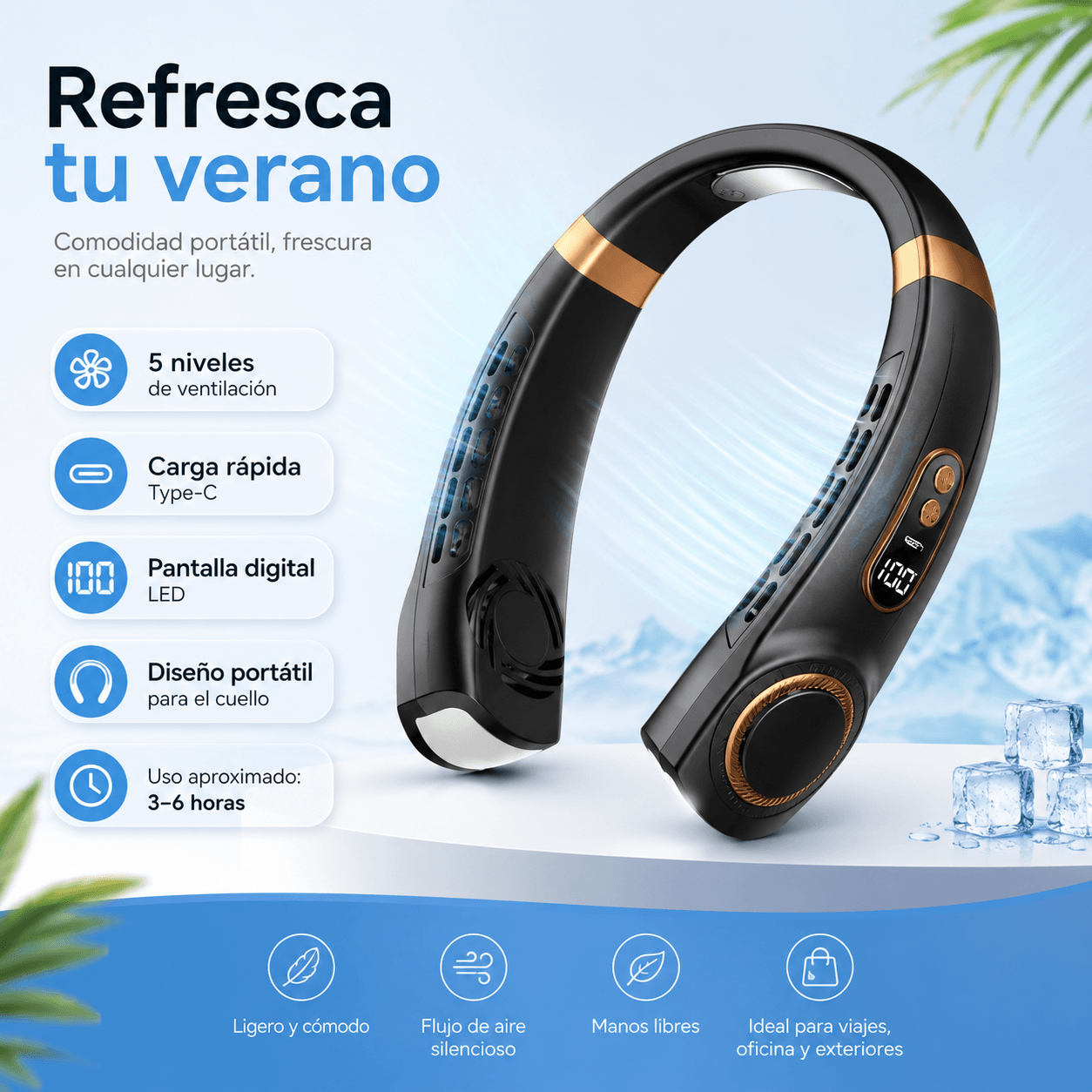 Ventilador de Cuello Recargable con Pantalla LED para Verano
